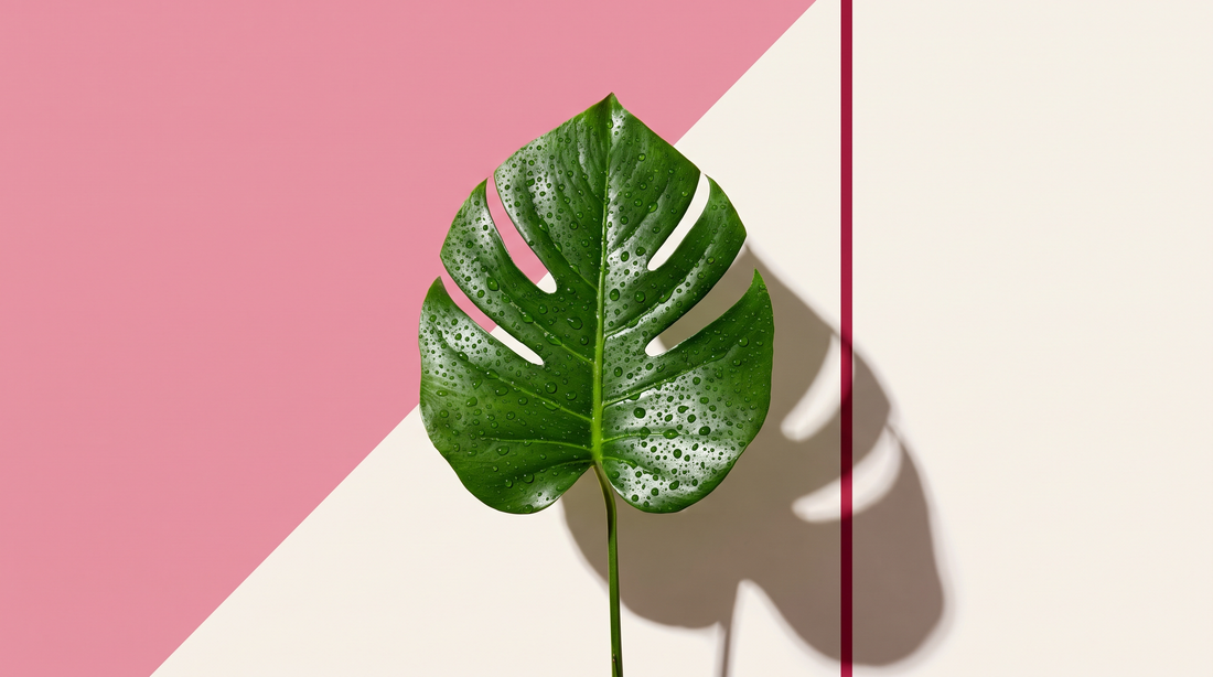 Foglia lucida con gocce d'acqua su campo rosa