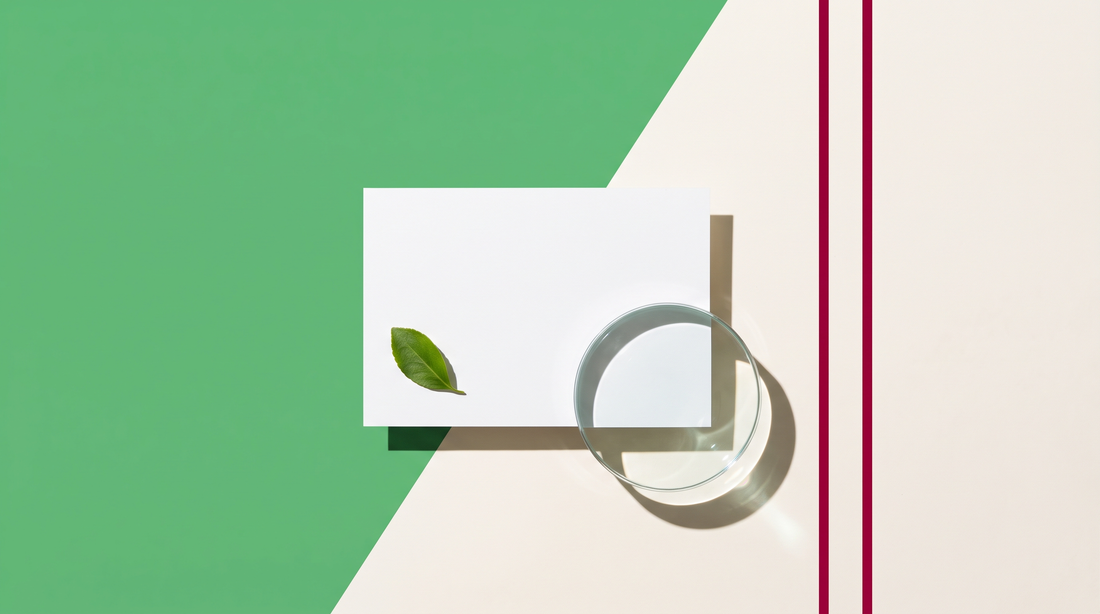 Cartellino bianco vuoto, lente e foglia su campo verde