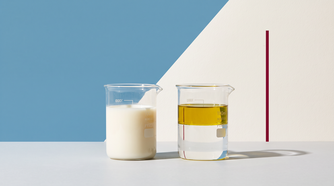 Due becher, emulsione bianca e olio separato dall'acqua, campo azzurro