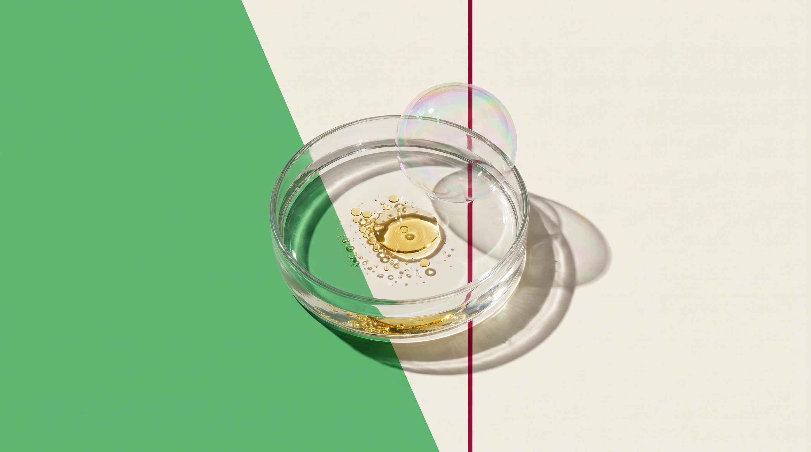 Vaschetta di vetro con olio disperso in perle e bolla di sapone, campo verde