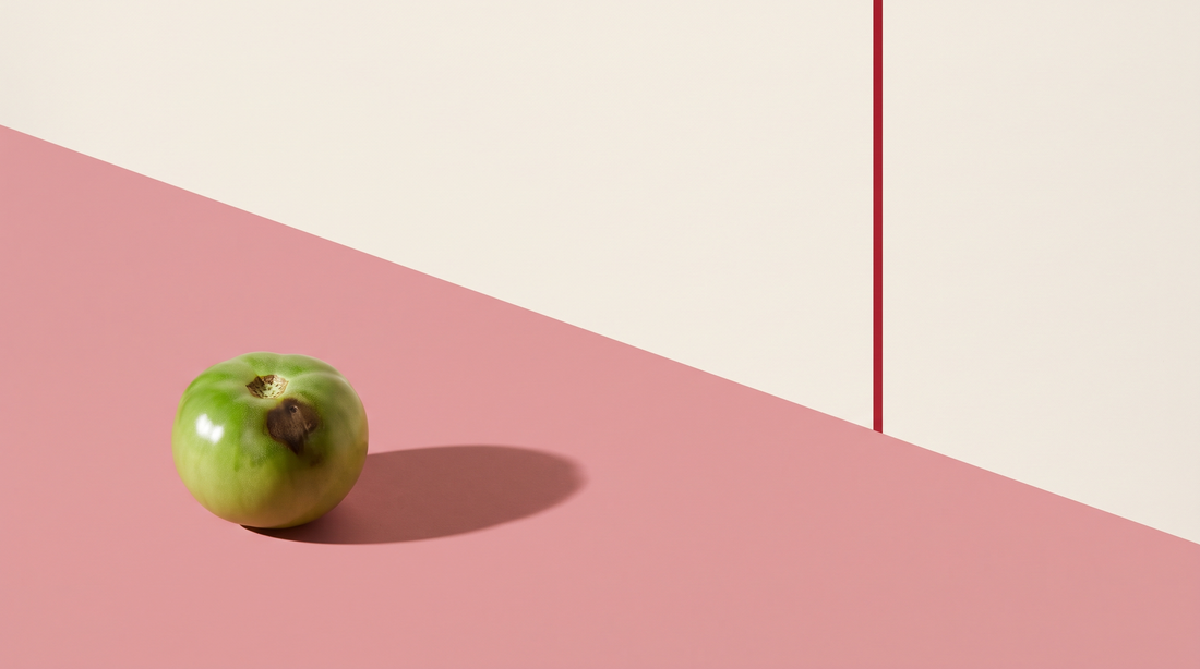 Un pomodoro verde con una singola macchia scura sulla buccia, campo rosa