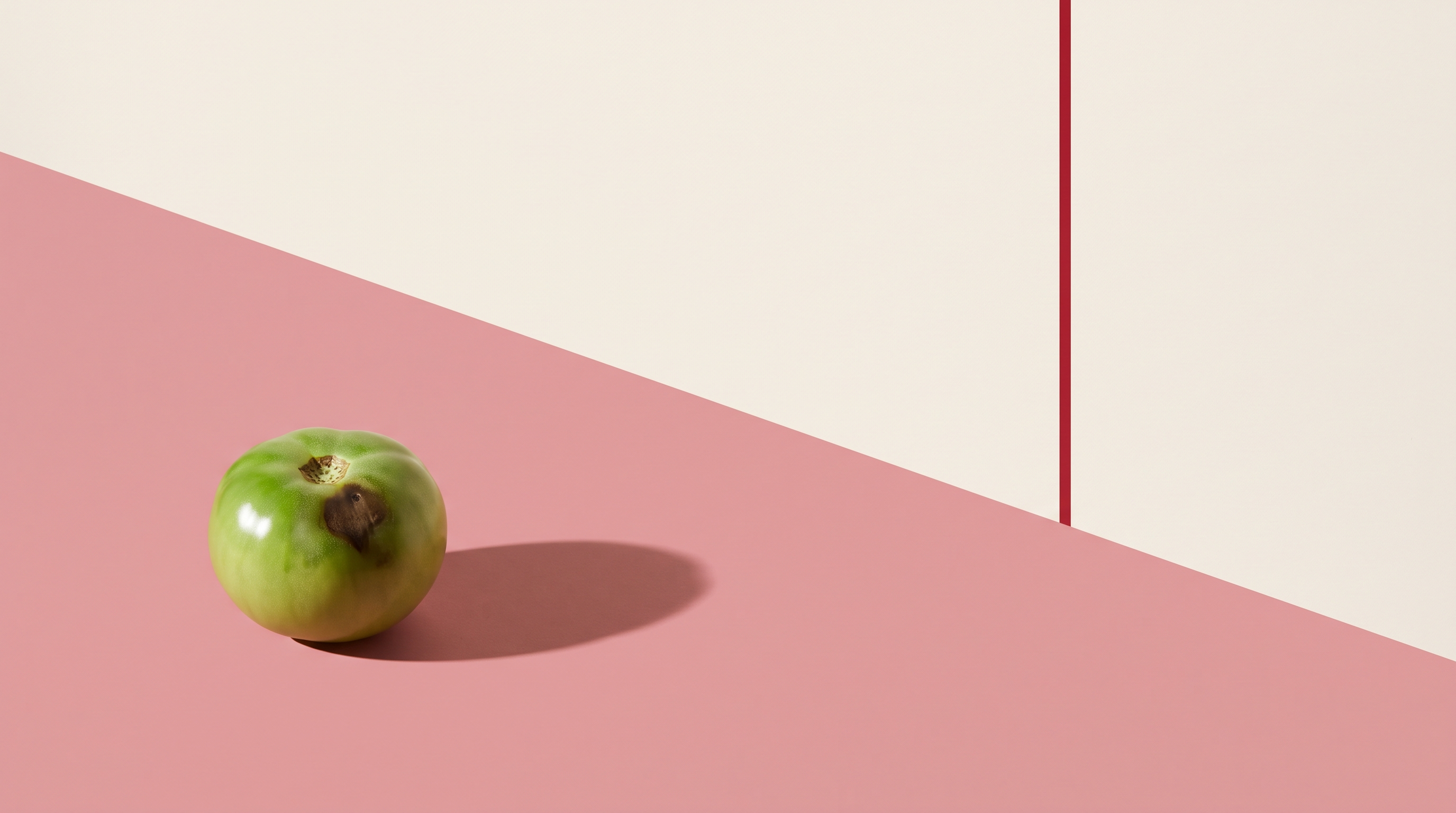 Un pomodoro verde con una singola macchia scura sulla buccia, campo rosa
