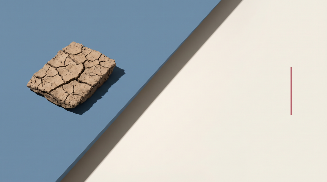 Una zolla di terra secca e crepata, su fondo diviso da una diagonale, metà azzurra e metà bianco osso