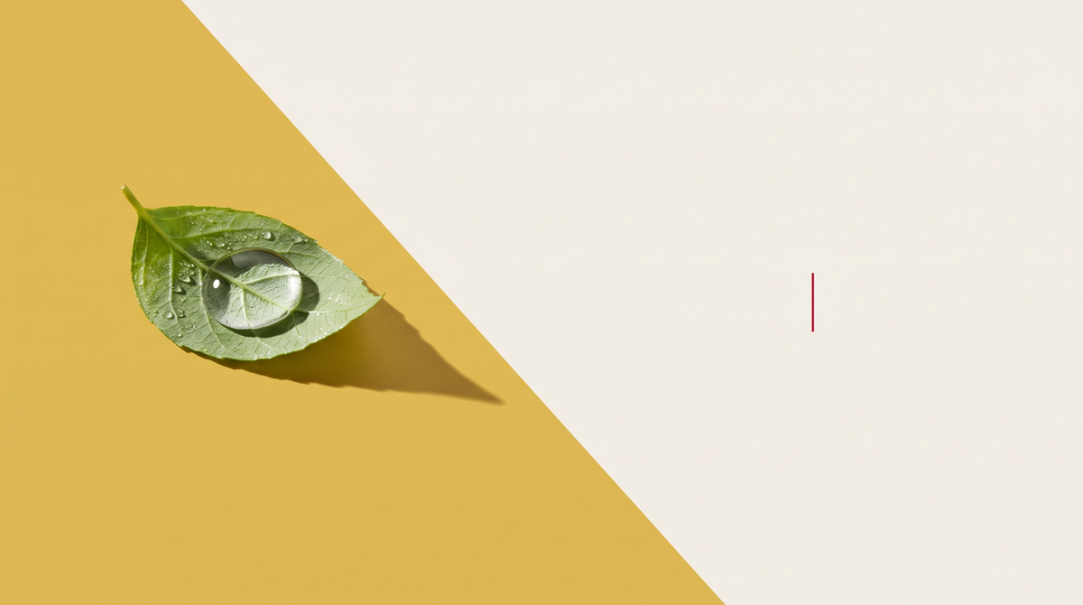 Una goccia d'acqua su una foglia verde, su fondo diviso in diagonale fra oro e bianco osso