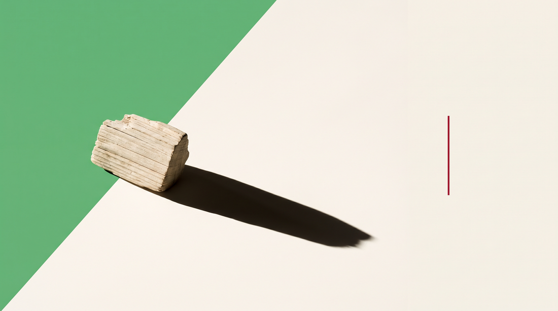 Frammento di legno chiaro con venature parallele, su fondo diviso in diagonale fra verde e bianco osso