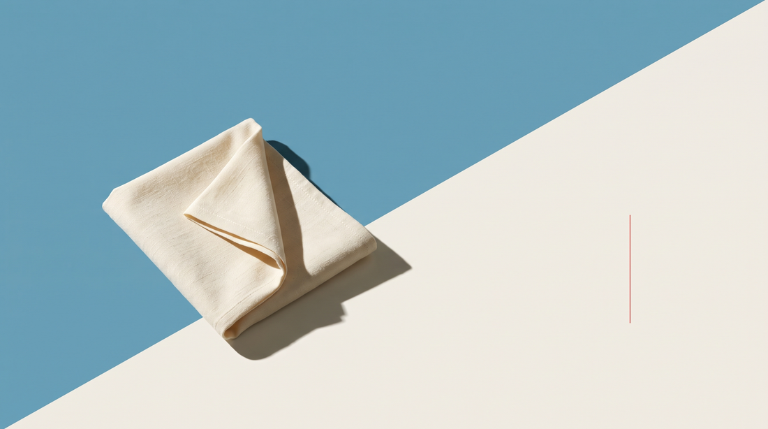 Un tessuto chiaro piegato, su un fondo diviso in diagonale fra azzurro e bianco osso, con una sottile linea rossa verticale.