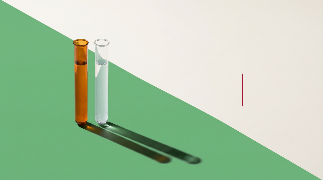Due provette di vetro affiancate, una con liquido ambrato e una con liquido limpido, su un fondo diviso in diagonale fra verde e bianco osso.