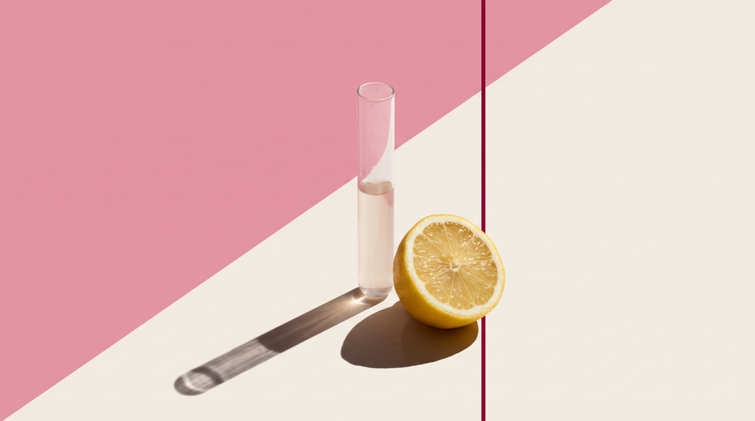 Provetta di vetro e limone tagliato su campo rosa