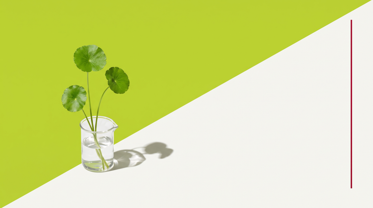 Rametto di centella asiatica in un becher di vetro su fondo verde lime e bianco osso