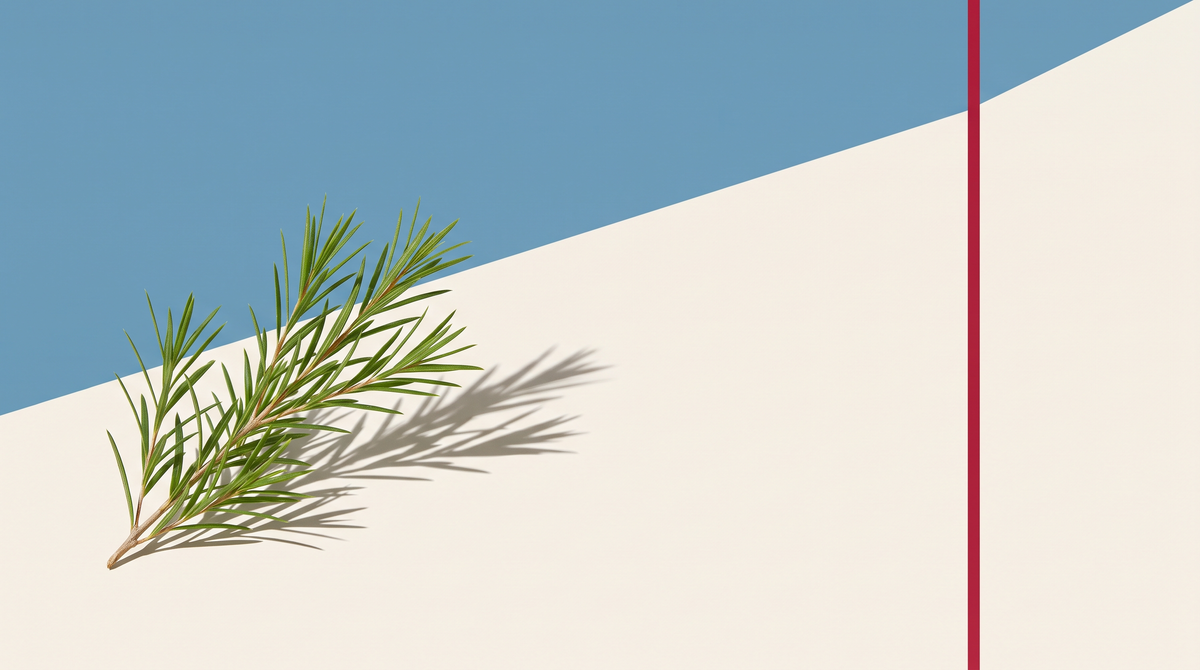 Rametto di tea tree su fondo azzurro e bianco osso