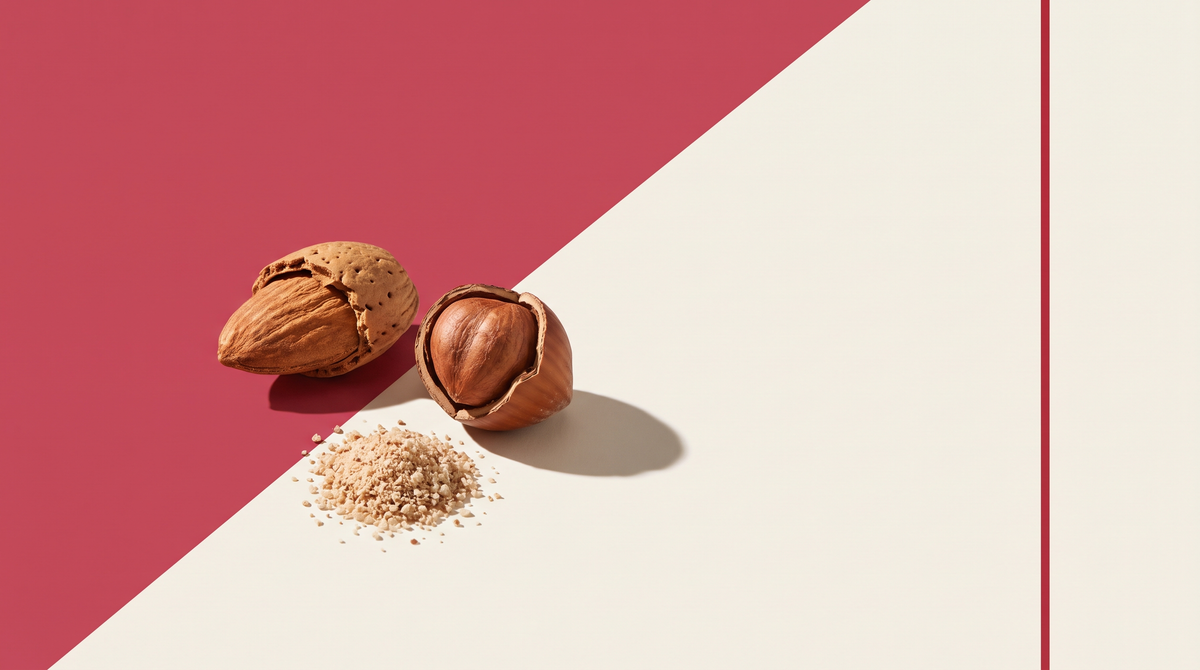 Mandorla, nocciola e granuli di guscio su fondo rosso e bianco osso