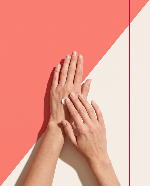 Due mani che si massaggiano una goccia di crema, su fondo corallo e bianco osso