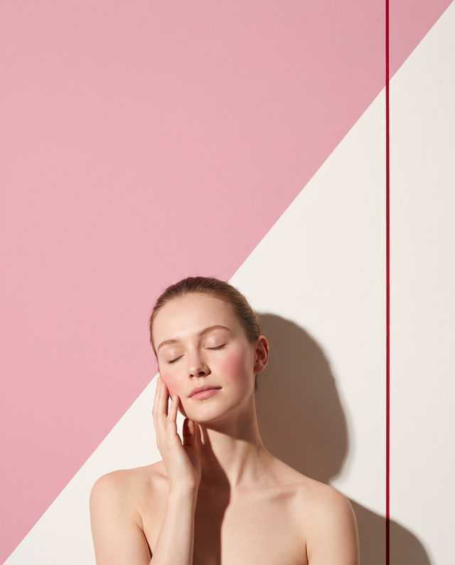 Ragazza con un leggero rossore sulle guance che si sfiora il viso, su fondo rosa e bianco osso